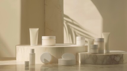 High-End Skincare Product Range Displayed Elegantly on Marble Surface