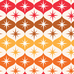 Mid Century Retro Starbursts on ogee seamless pattern in red, orange, brown and amber. For wallpaper, fabric and home décor