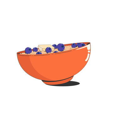 recommend clip art: A red ceramic bowl with oatmeal porridge with blueberries and butter. A delicious and healthy breakfast.Isolated on a white background.Vector illustration.