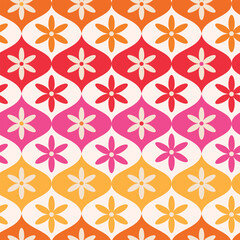 Retro Colorful Flowers on Mid Century Ogee Ovals Seamless Pattern in orange, yellow, pink and red. For Wallpaper, Fabric and Home décor