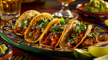Upscale Mexican Taco Fiesta with colorful street tacos filled with grilled chicken, carne asada, and al pastor