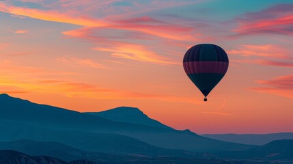 Obraz premium Hot Air Balloon Ascending at Sunrise Against a Vibrant Morning Sky