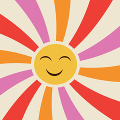 Cute Smiling sun on retro swirl sunburst vector illustration. For Nursery posters, invitations and wall decal