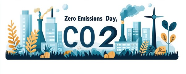 Flat design poster for zero emissions day featuring bold co2 letters at the center promoting environmental awareness