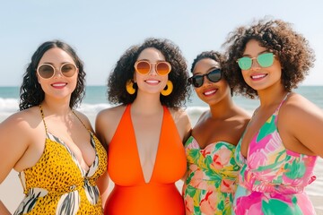roup of friends of different body types enjoying a beach day, all wearing stylish swimwear, promoting body confidence and diversity