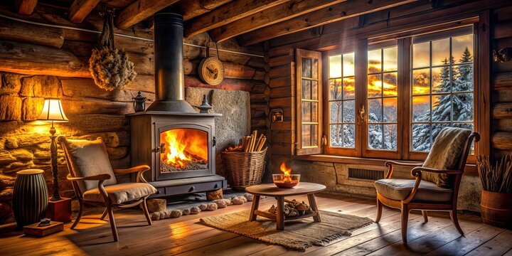 Cozy wooden stube with crackling fire, vintage iron stove, and golden light, evoking warmth and comfort on a cold winter evening.