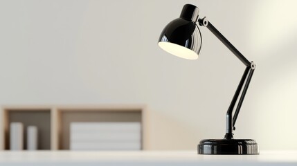 A modern black desk lamp illuminates a white table, with a bookshelf in the background suggesting a home office or workspace, symbolizing productivity, creativity, knowledge, and focus.