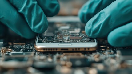 A technician wearing blue gloves precisely manipulates the internal circuits of a smartphone, showcasing meticulous electronic work in a tech-oriented repair environment.
