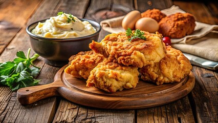 Crispy fried chicken served alongside a flaky, buttery biscuit and paired with a side of creamy mashed potatoes on a rustic wooden table.