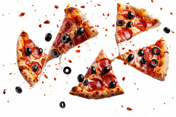 Two slices of pepperoni pizza with olives and cheese