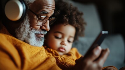 A senior man wearing headphones reads something interesting on a mobile device while bonding closely with a young, curious toddler on the cozy couch background.