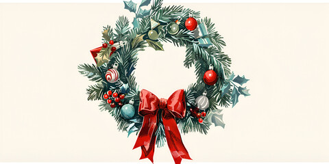 Vintage Christmas wreath with red bow and festive ornaments on a neutral background