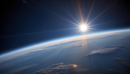 A bright sun shining over the Earth's atmosphere, with the planet's curved horizon visible in the distance