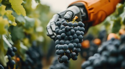 A robotic arm carefully harvesting a cluster of ripe grapes in a vineyard, showcasing advanced agricultural technology, precision, and the future of farming and crop management.