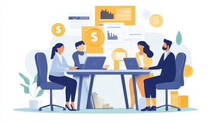 Obraz premium A team of professionals working together around a table with laptops and charts, symbolizing collaboration, financial planning, strategy, data analysis and growth.