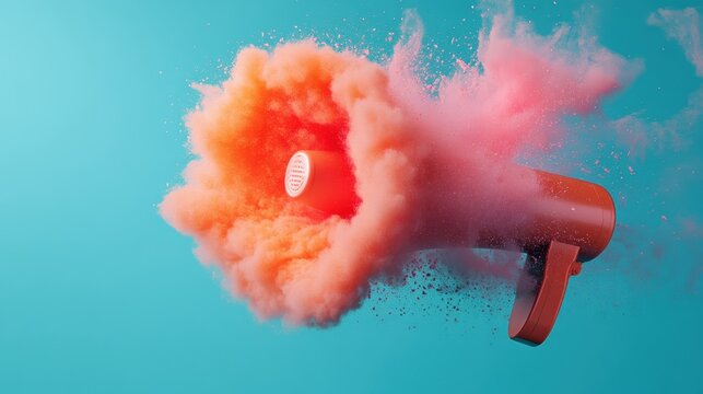 A vibrant image depicting an orange megaphone emitting a burst of orange and pink smoke on a bright blue background, symbolizing loud communication and enthusiasm.