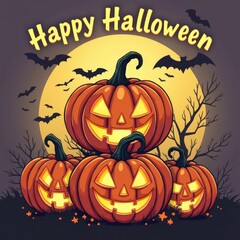 Happy Halloween with glowing jack-o'-lanterns and bats against a full moon backdrop