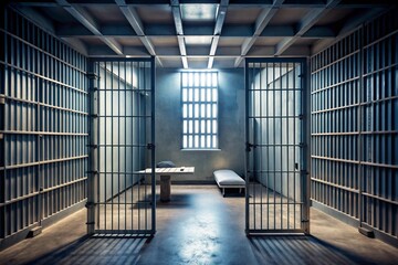 A prison cell with a bed and a table