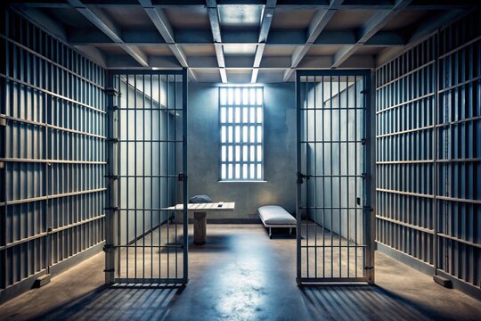 A prison cell with a bed and a table