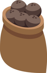 Full burlap sack is holding several round coconuts