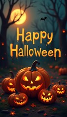 Halloween pumpkins glowing under a full moon with a spooky atmosphere