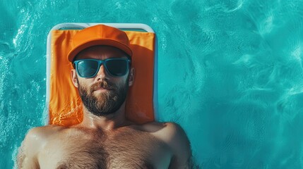 A man leisurely floats on an orange float in a sparkling pool, enjoying a peaceful, sunny day with water gently caressing his bare chest and wearing an orange cap.