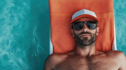 A person lies leisurely on an orange float with eyes closed, surrounded by calm blue water, basking in the warm sun and savoring the tranquility, wearing an orange cap.