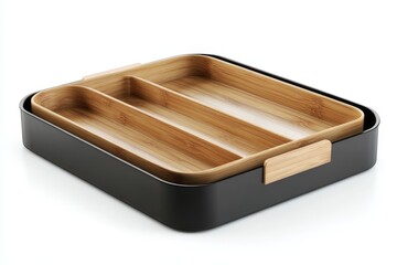 This stylish utensil organizer features a bamboo insert with three divided compartments for easy organization and a black tray for a modern look. Perfect for storing forks, knives, and spoons.