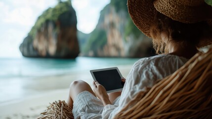 A woman relaxes on a hammock at the beach, reading a digital tablet with towering coastal cliffs in the background, encapsulating serenity and the peacefulness of nature.