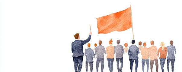 A group of diverse individuals rallying behind a leader holding an orange flag, symbolizing unity and collective action.