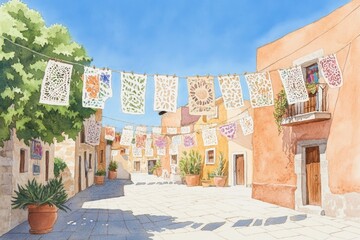 Obraz premium A vibrant street scene adorned with colorful papel picado, showcasing warm architecture under a clear blue sky.