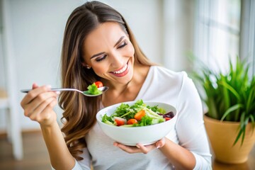 A woman is eating a salad with a spoon