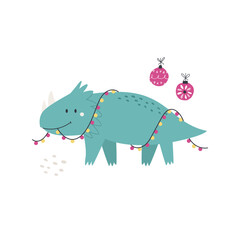 Hand drawn Christmas illustration with funny dinosaur Hand drawn Christmas illustration with funny dinosaur triceratops. Good for greeting cards, t-shirt designs, prints