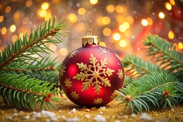 Fototapeta premium A red Christmas ornament with a snowflake design sits on a table covered in snow