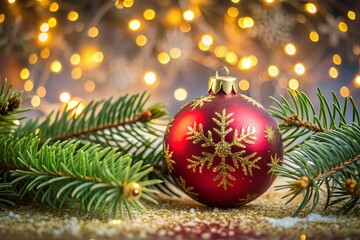 Fototapeta premium A red Christmas ornament with a snowflake design sits on a table covered in snow