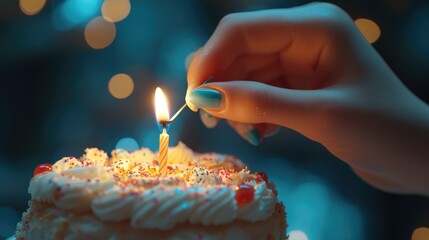 Hand Lighting a Birthday Candle on a Cake at Night with Bokeh Background