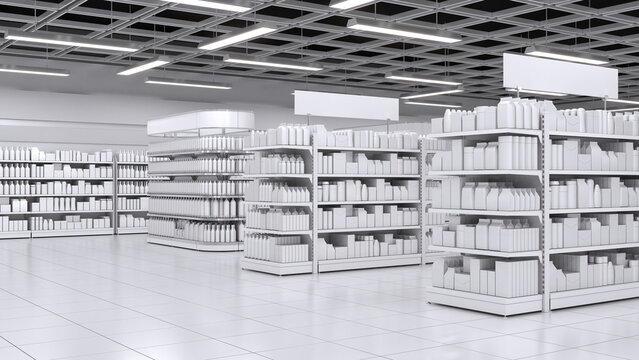 Supermarket interior mockup with shelving of blank goods. 3d illustration