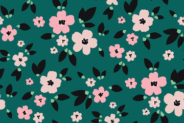 Seamless floral pattern, liberty ditsy print, abstract ornament of simple plants. Cute botanical design in folk motif: small hand drawn flowers, tiny bouquets, leaves on green. Vector illustration.