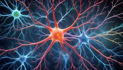Glowing red and blue neural network or neuron cells with intricate branching structures