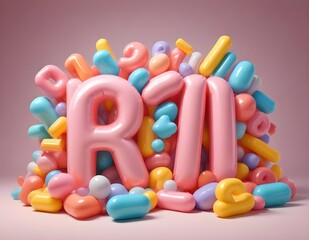 Colorful 3D Letters and Shapes Clustered on Pink Background
