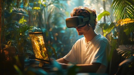 Virtual Reality Gaming in Nature: Young Man Immersed in Digital Adventure Amidst Lush Jungle Environment