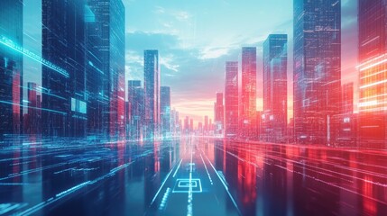 Futuristic Digital Cityscape with Skyscrapers and Neon Lights at Dusk