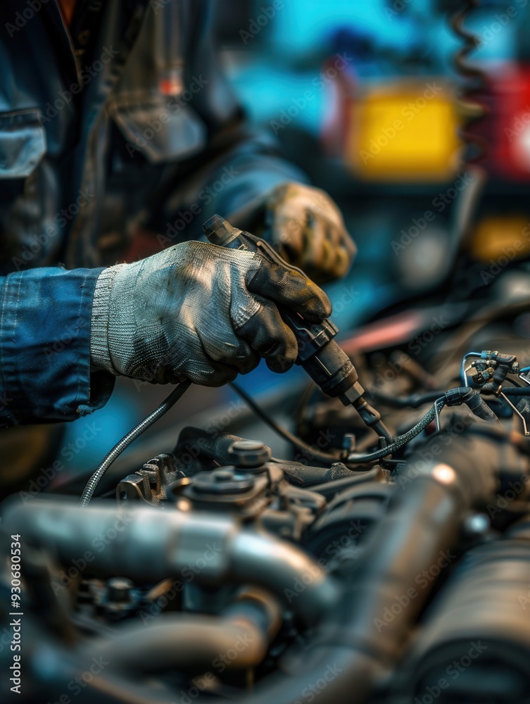 Poster a mechanic uses specialized tools to diagnose engine problems and conduct repairs in a well-equipped