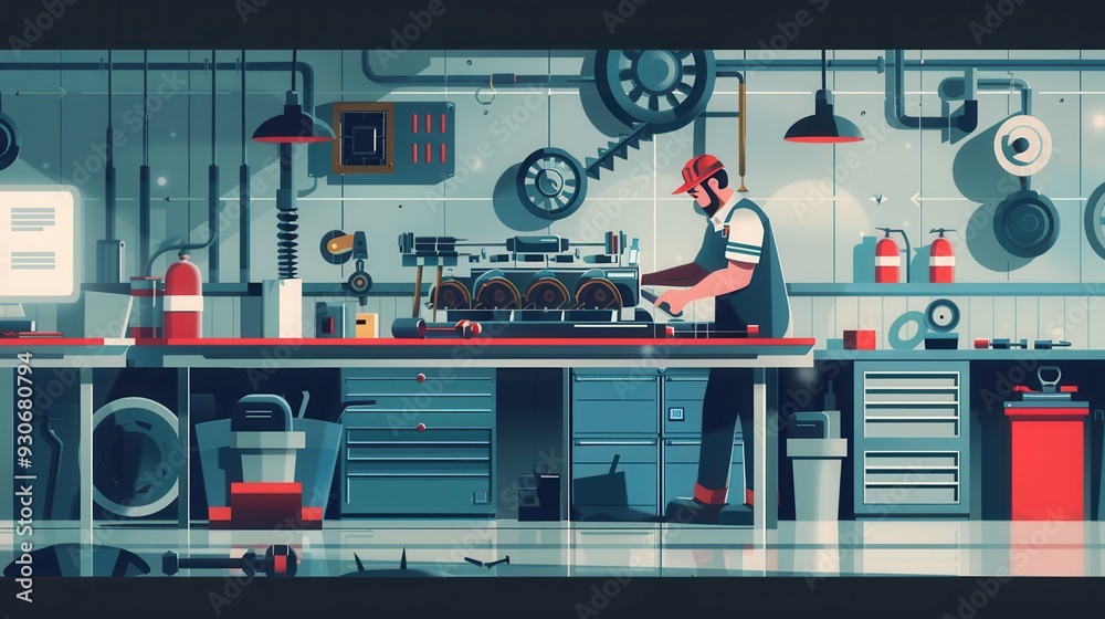 Poster a mechanic conducts diagnostics on a car engine while engaged in repair work, utilizing tools and eq
