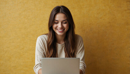 Portrait of a young businesswoman sitting at desk and smiling while looking at laptop