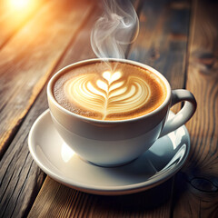 Steaming cup of coffee with latte art on a wooden table in warm sunlight