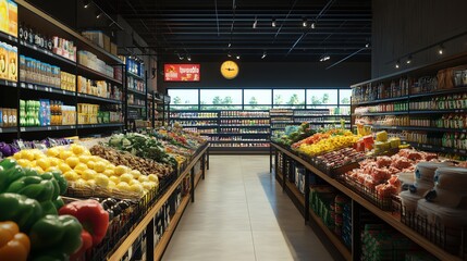 A well-stocked grocery store aisle with fresh produce, canned goods, and other grocery staples.