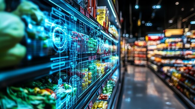 A vibrant and colorful display of fresh produce in a supermarket aisle. - Powered by Adobe