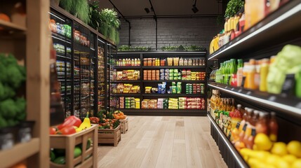 A well-stocked grocery store aisle with a variety of products on the shelves.