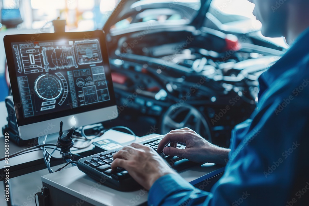 Fototapete A mechanic conducts a computer diagnosis while working on engine repairs in a well-lit automotive workshop. Generative AI